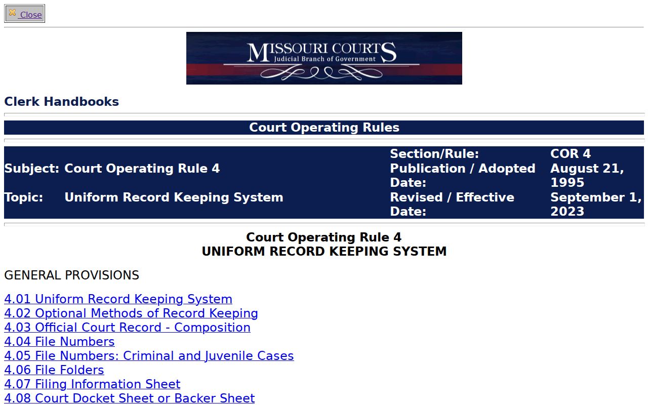 Platte County civil docket Missouri Court Operating Rule 4 access fields