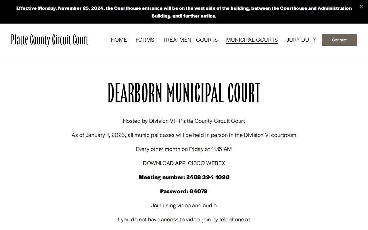 Dearborn municipal court calendar page within Platte County