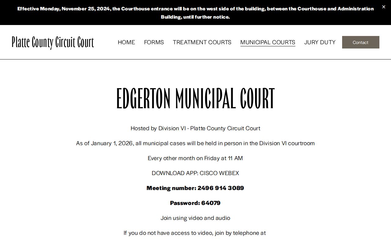 Edgerton municipal court access page for a Platte County calendar