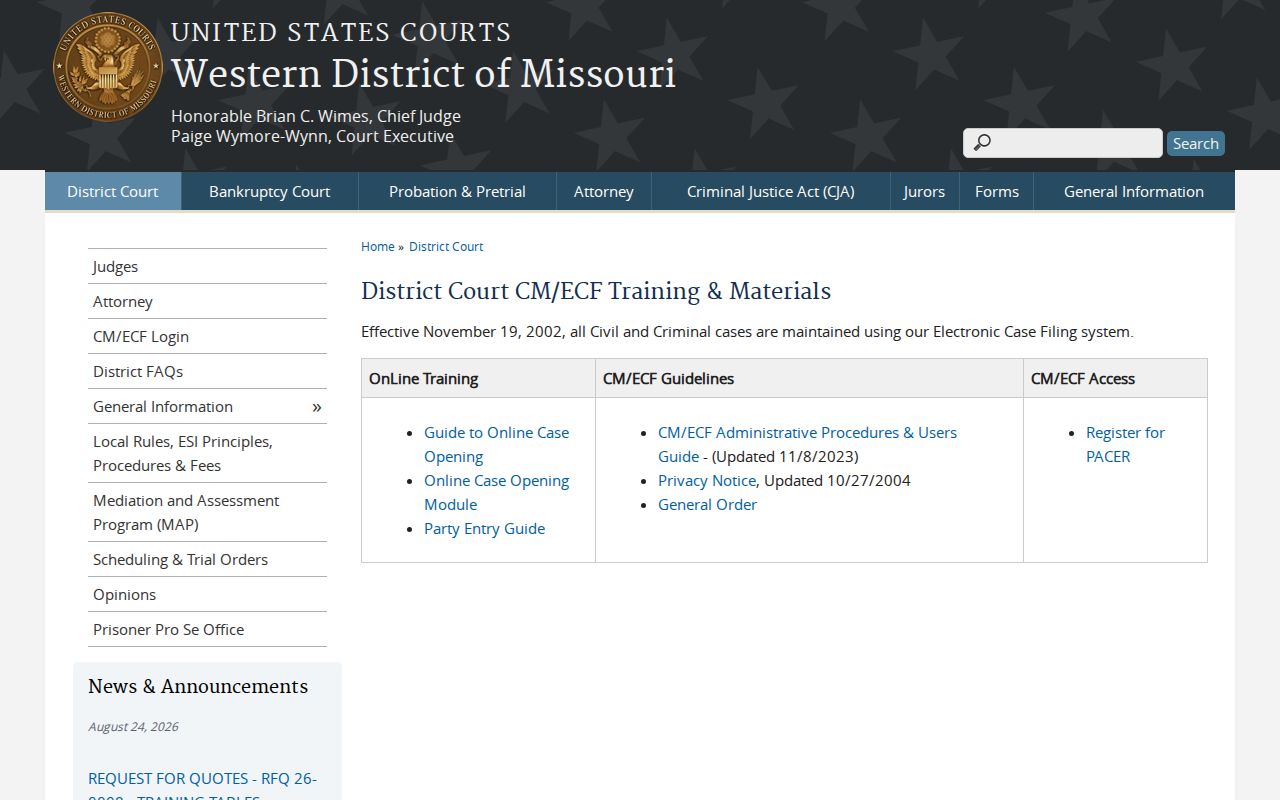 Western District of Missouri electronic case filing training page