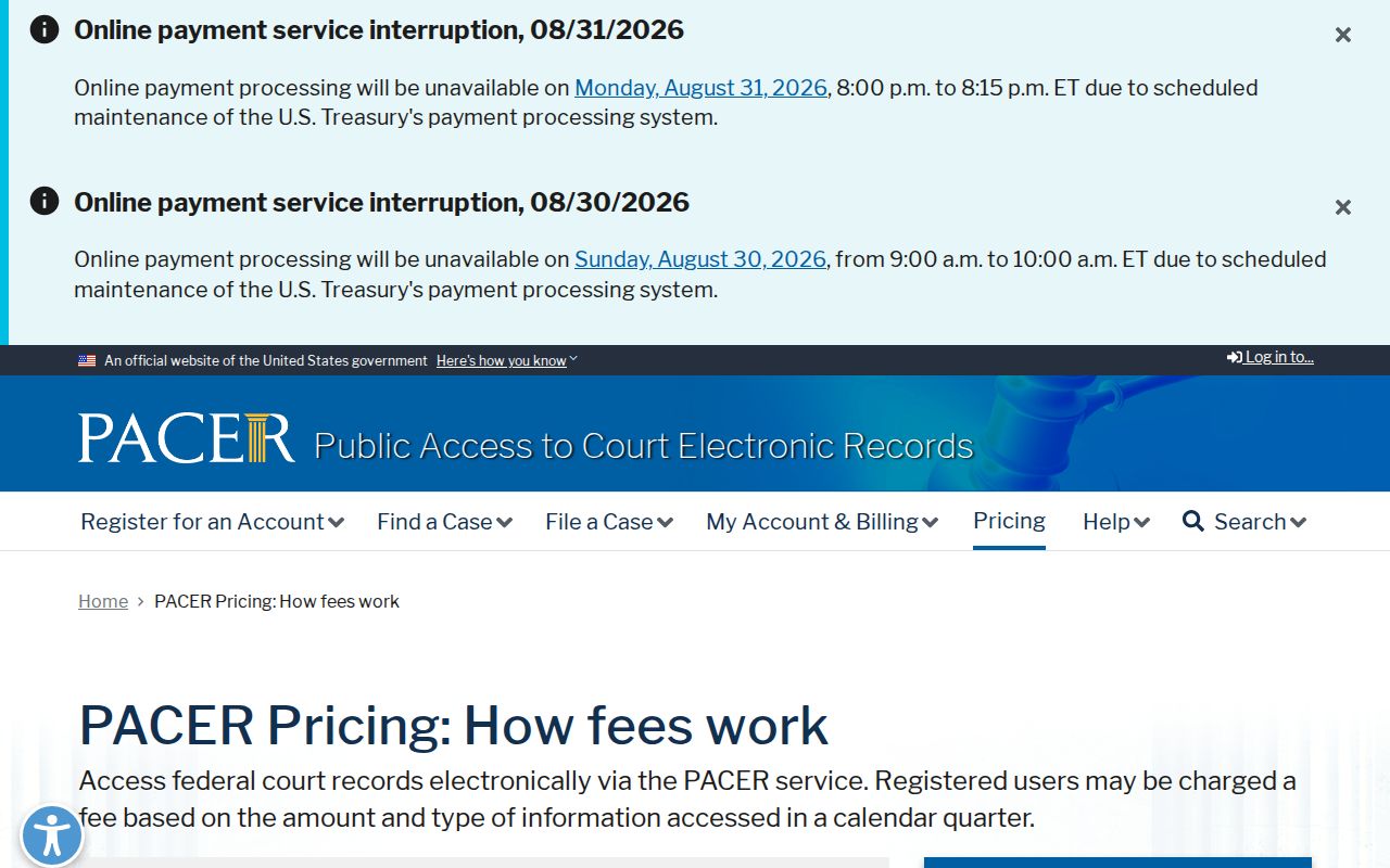 PACER federal court records pricing information