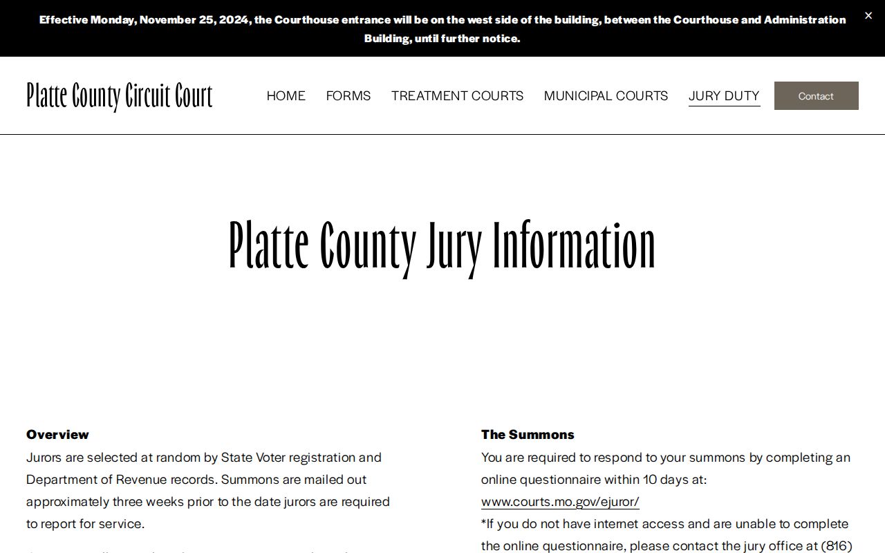 Platte County court docket courthouse access and jury information