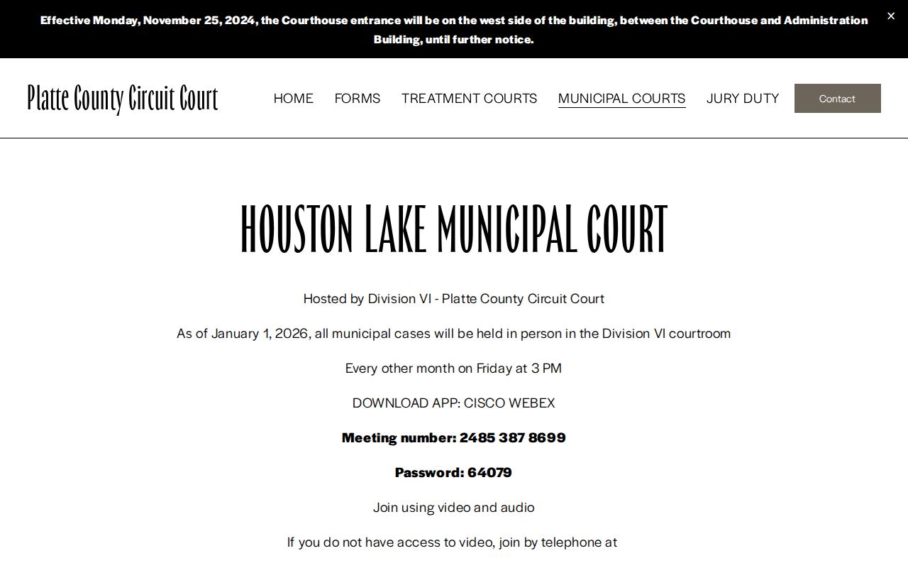 Houston Lake municipal court access and calendar page in Platte County