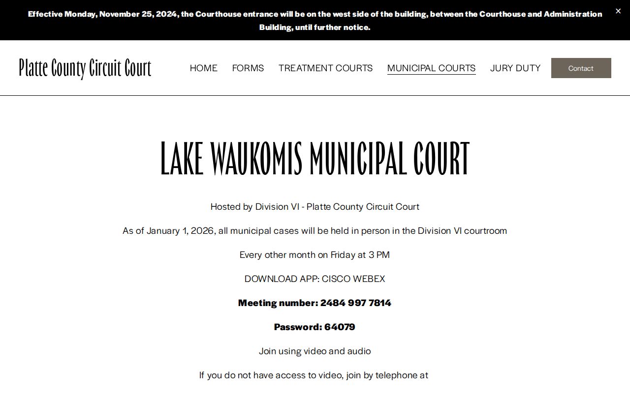 Lake Waukomis municipal court page for a Platte County traffic matter