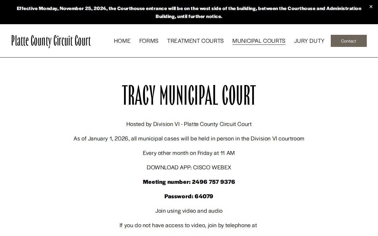 Tracy municipal court calendar and access page in Platte County